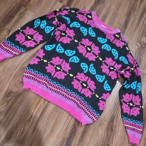 Vibrant Floral Knit Sweater - Pink and Blue